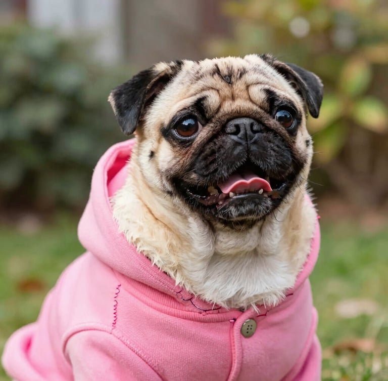 Close-up of a happy pug wearing a vibrant hand-stitched pink hoodie, looking up, bright warm natural daylight, soft focus garden background