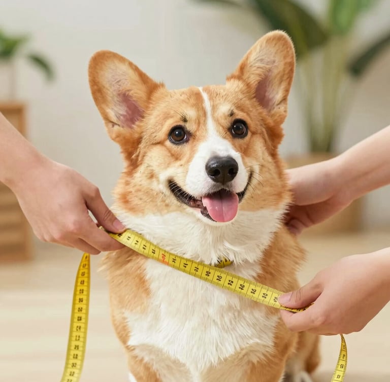 Bright warm photography of a cheerful corgi being measured gently with a yellow measuring tape by hands, natural daylight, soft focus background, eye-level portrait