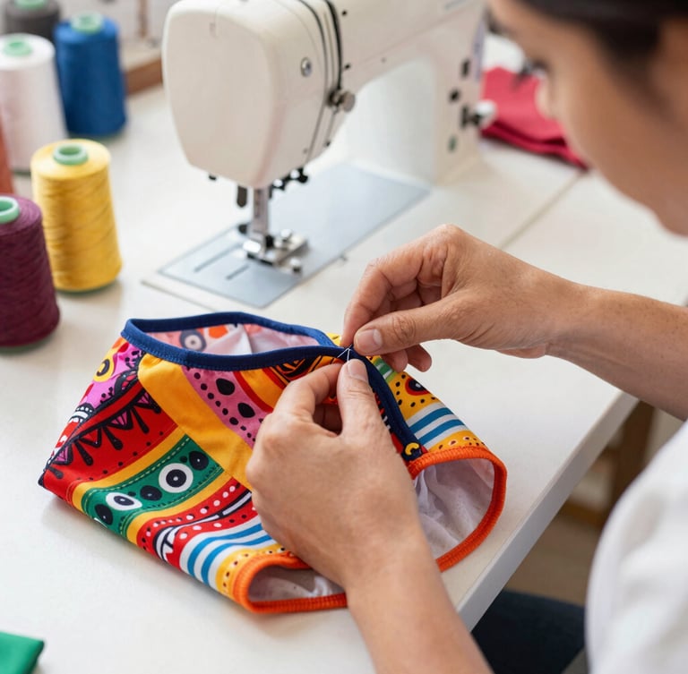 Behind the scenes in a bright Mexican sewing workshop, hands carefully stitching a colorful pet shirt, warm daylight, textiles visible