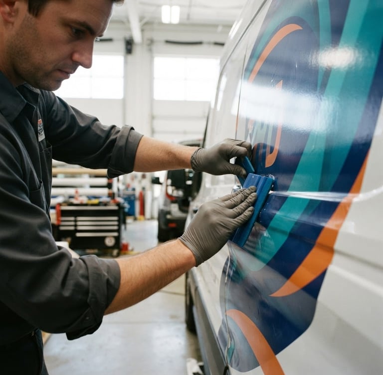 Close-up of a technician applying a large vinyl graphic to the side of a fleet vehicle in a well-lit industrial workshop, showing precise hand movements and the vibrant graphic material, with tools visible in the background, bright clean daylight, crisp details, saturated corporate colors, sharp focus, 35mm lens