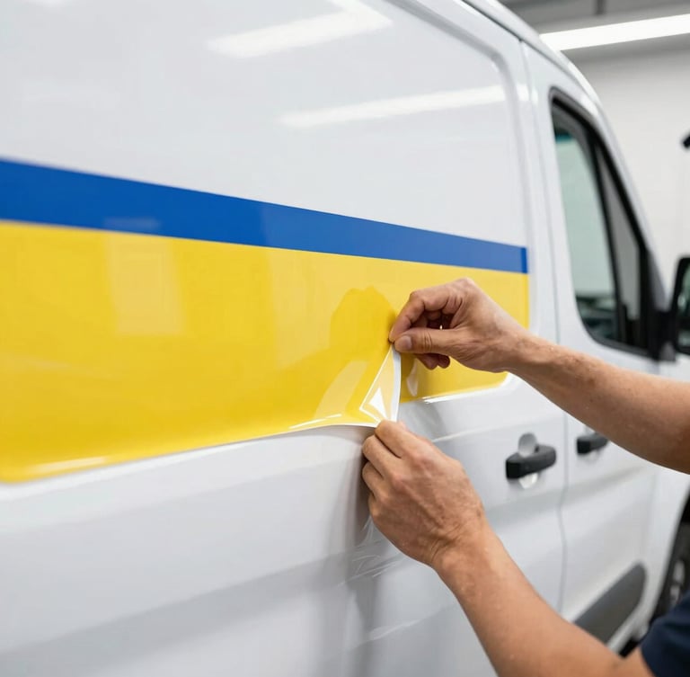 Close-up of a skilled technician applying a vinyl graphic to the side of a large white commercial van inside a clean, well-lit installation bay, focus on the hands and vinyl edge.