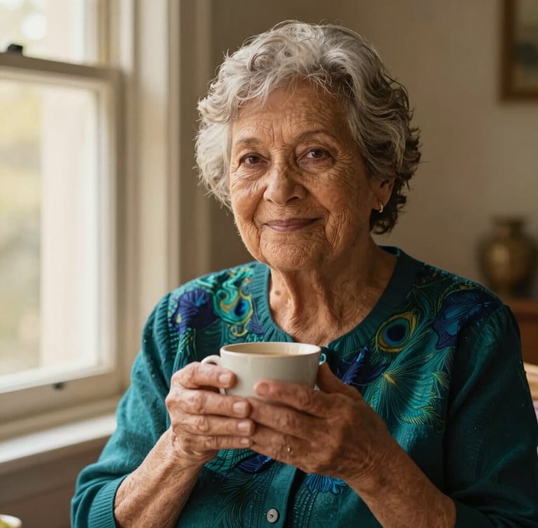 Dignified portrait of an elder woman, diverse, with gentle hands holding a warm cup, soft window light, rich peacock teal and indigo tones, 35mm, warm editorial photography, soft golden-hour window light.