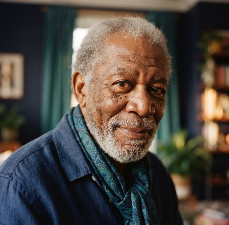 Warm editorial photography of a dignified elder's face in soft golden-hour window light, expressing calm and wisdom, rich peacock teals and deep indigo tones, 35mm