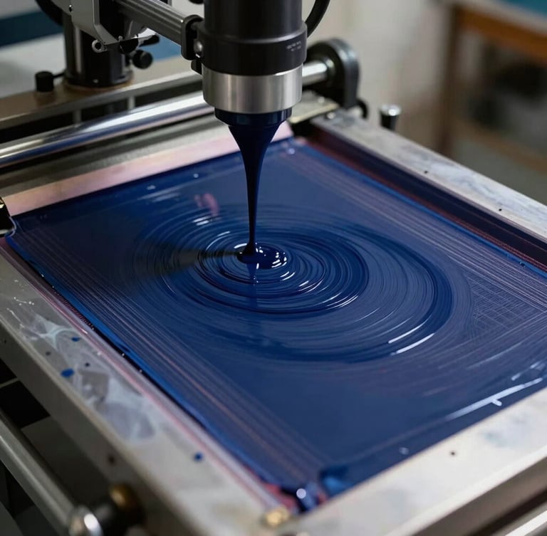 Close-up shot of a manual screen-printing press, deep indigo ink passing through a fine mesh screen, high-contrast workshop light