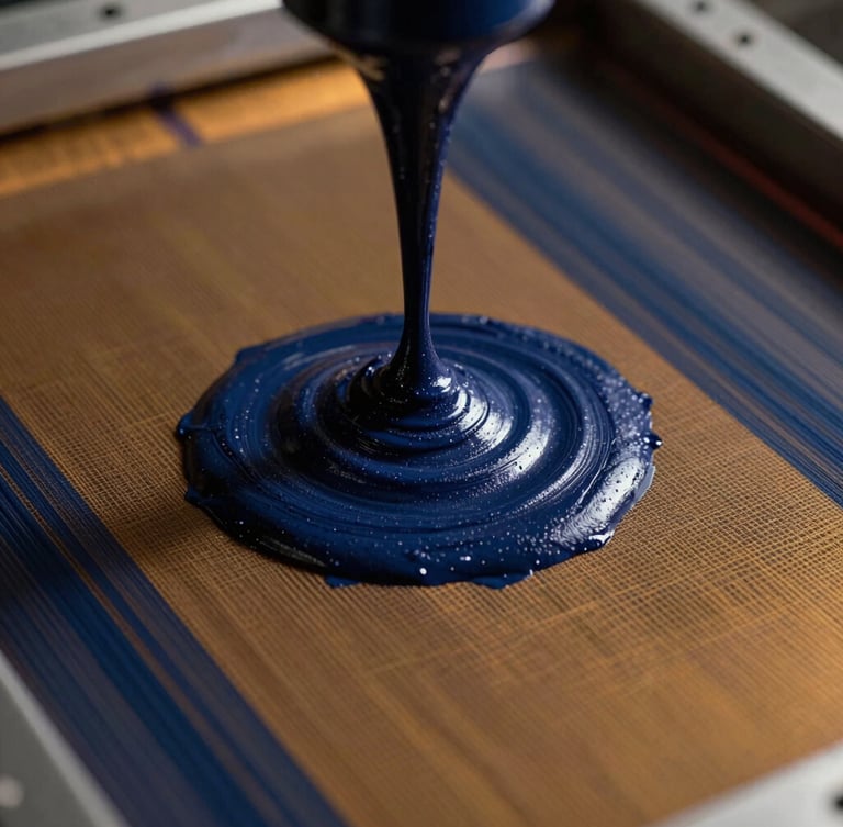 Extreme close-up of thick screen-printing ink passing through a fine mesh screen, deep indigo and burnt amber colors, high-contrast studio lighting with rich shadows, showing tactile physical texture.