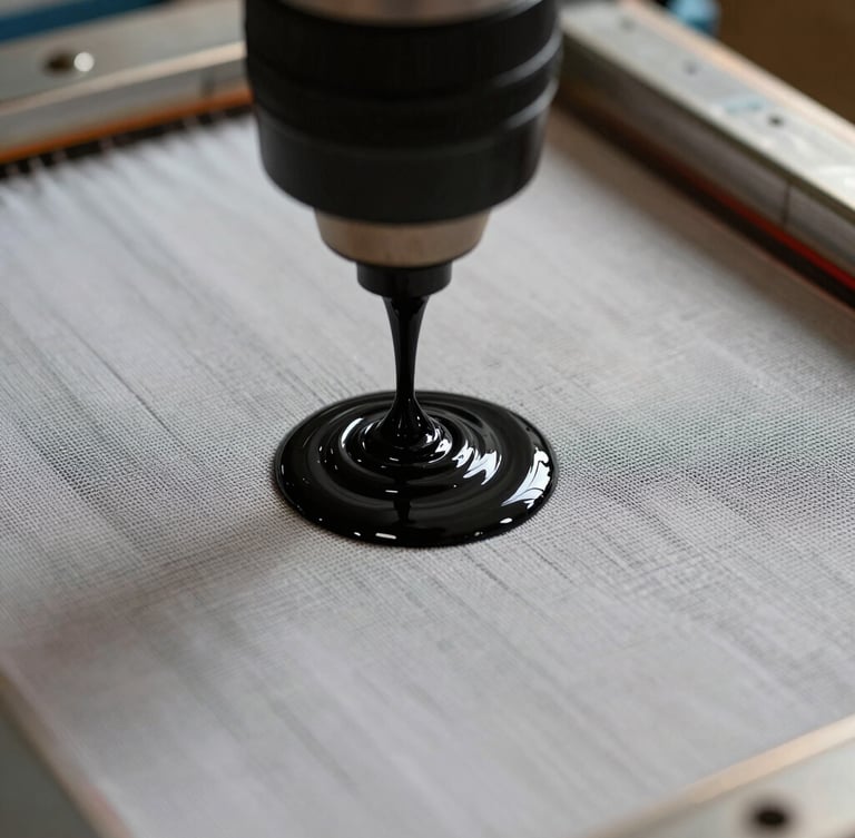 Extreme close-up of screen-printing ink passing through a fine mesh screen onto a heavy cotton garment, showing rich tactile texture