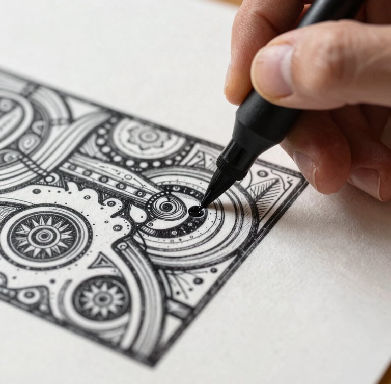 Extreme close-up of hands drawing a detailed graphic illustration with physical black ink on textured cotton paper, focusing on the ink texture