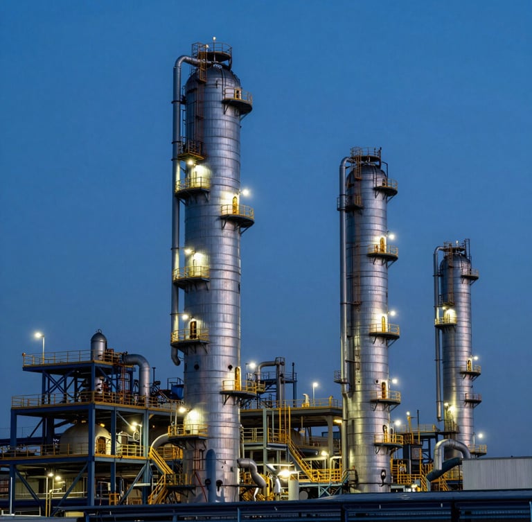 Cinematic industrial photography of Barrancabermeja refinery towers at blue hour, sharp steel structures, dramatic safety lighting, professional 35mm composition.