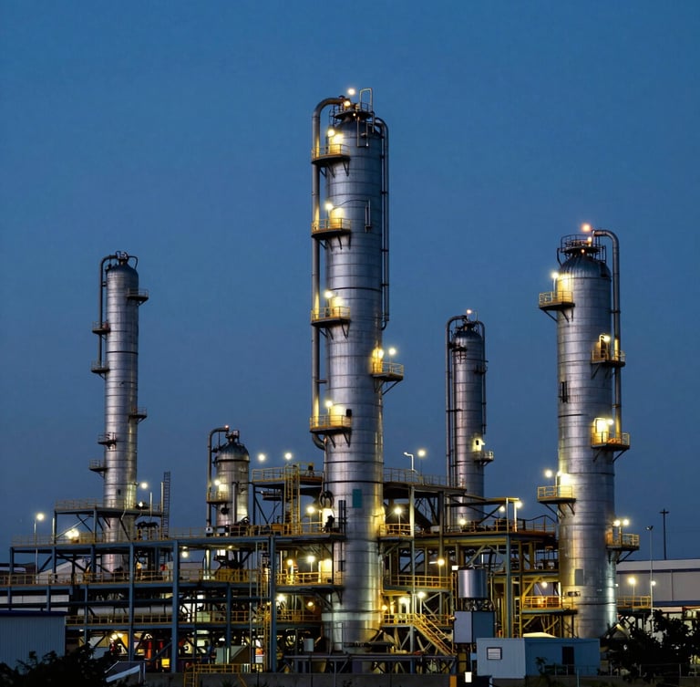 Wide panoramic cinematic shot of the Barrancabermeja refinery at blue hour, dramatic industrial lighting, steel towers with glowing amber accents, professional 35mm.