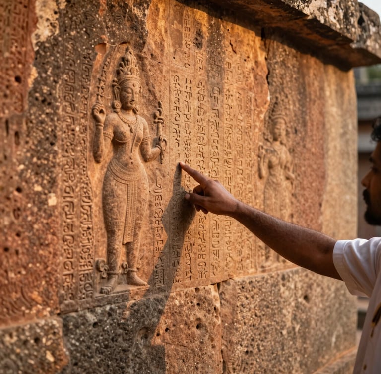 A scholar pointing to ancient Chola inscriptions carved on a weathered temple stone wall, warm golden-hour light, shallow depth of field, 35mm