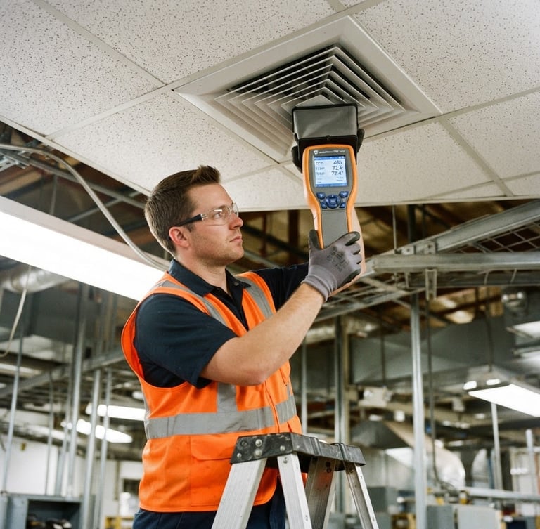 A certified HVAC technician in a high-visibility vest operating a digital flow hood on a commercial ceiling diffuser, bright industrial lighting, sharp focus, 35mm
