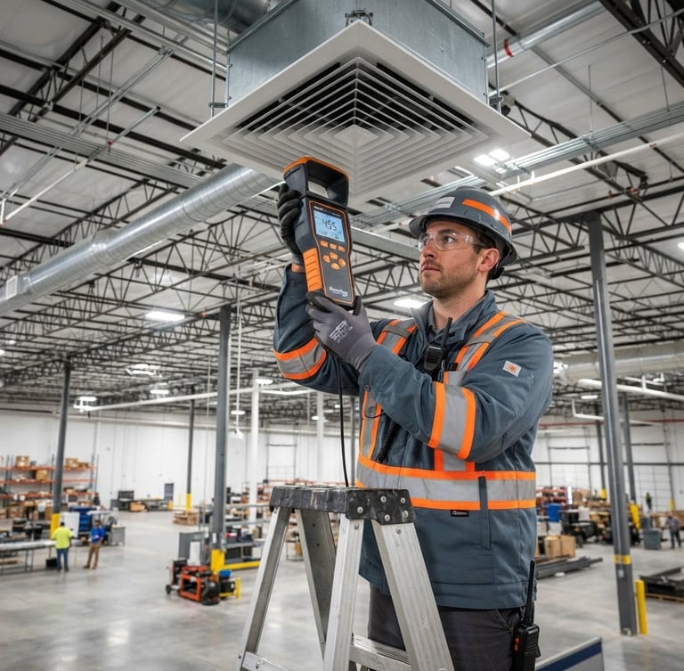 A certified field technician in high-visibility gear operating a digital flow hood in a high-ceiling commercial facility, bright high-contrast commercial site lighting, crisp slate and safety orange tones, sharp focus