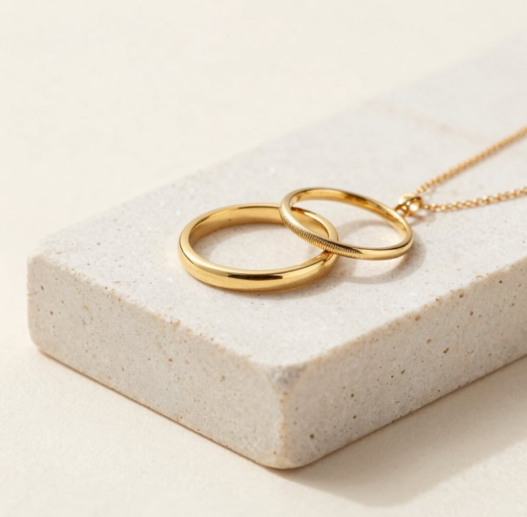 High-key studio shot of curated 18k gold vermeil rings and delicate necklaces stacked on a clean off-white stone pedestal, warm diffused lighting, sharp focus, neutral tones.