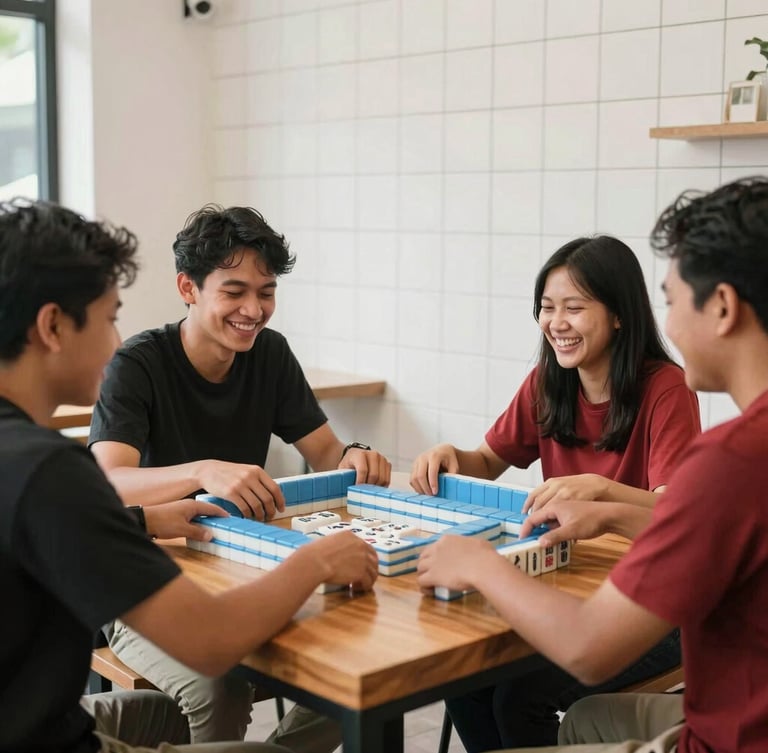 Candid shot of diverse young Indonesian adults laughing and playing mahjong around a clean wooden table in a bright, modern minimalist cafe, warm natural light, 35mm