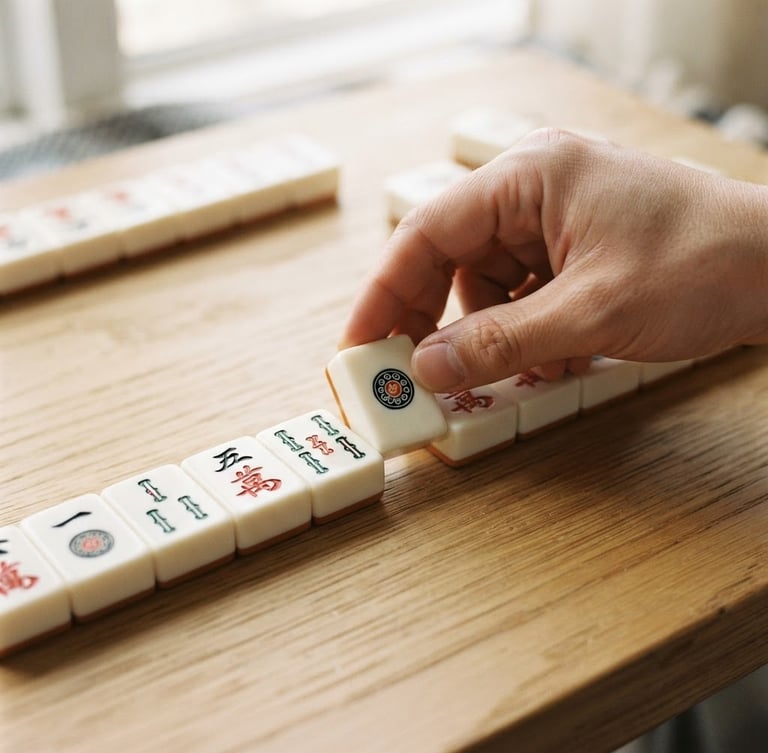 Macro close-up of minimalist white and vermillion mahjong tiles being arranged by hand on a light wooden table, soft natural daylight, 35mm