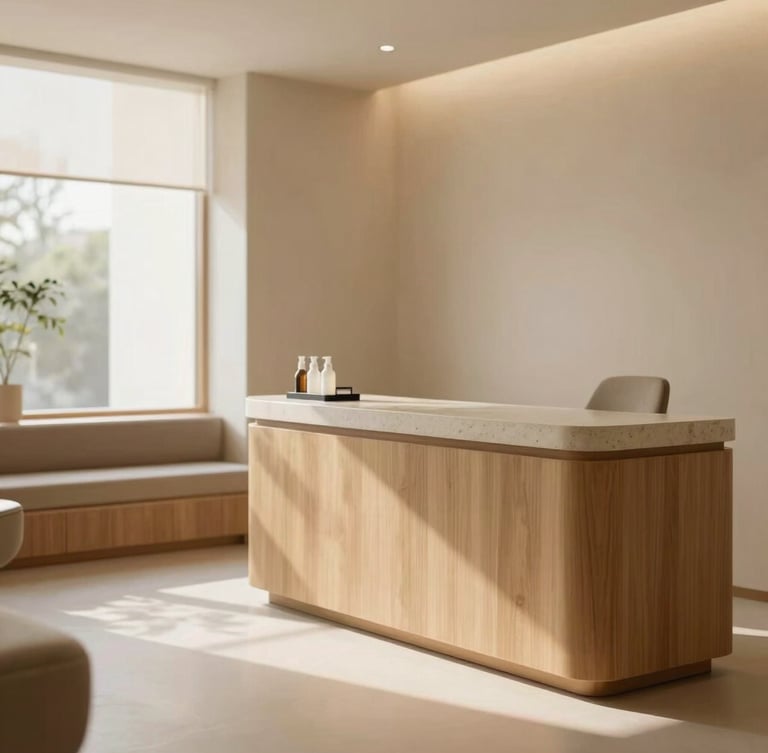 Warm editorial photography of a minimalist premium clinic interior with natural wood and stone, soft diffused daylight, shallow depth of field