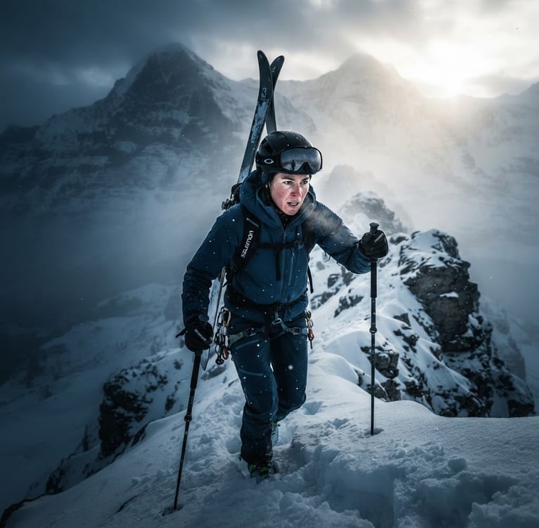 Heroic portrait of an elite athlete training in cold alpine environment, high-contrast studio strobes, dramatic natural mountain sunlight piercing through mist, cold blue lighting, 50mm