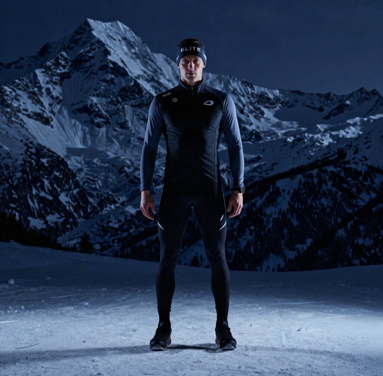Elite athlete training in a cold alpine environment, high-contrast studio lighting, dramatic snow-capped mountains in the background, 50mm