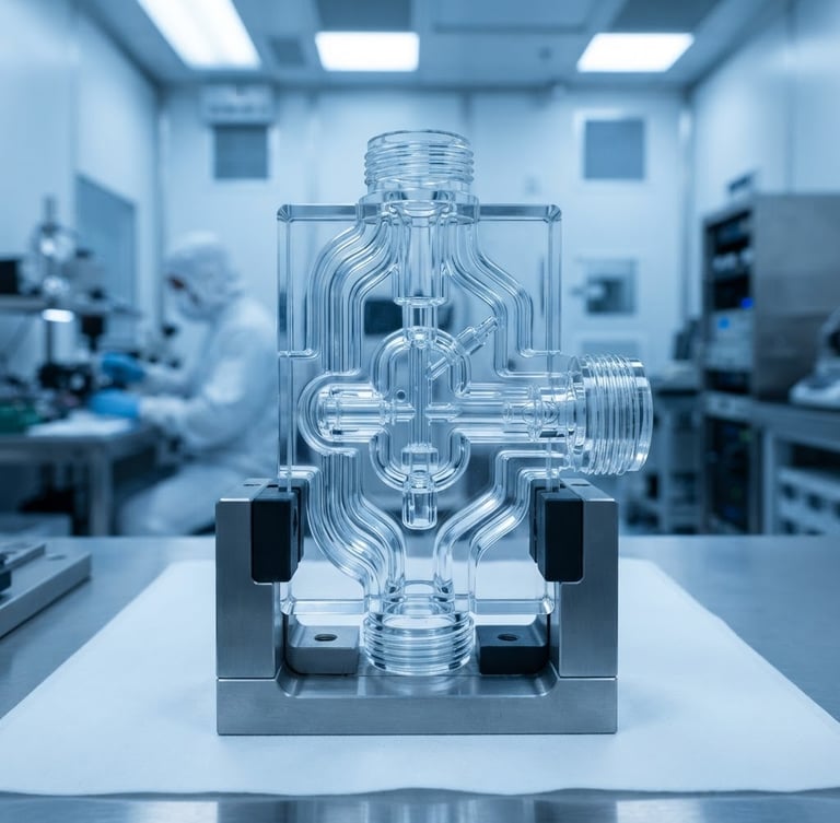 Macro shot of high-purity semiconductor quartz component reflecting cool cyber-blue clinical light, pristine sterile cleanroom background, ultra-sharp detail, 3:4 portrait