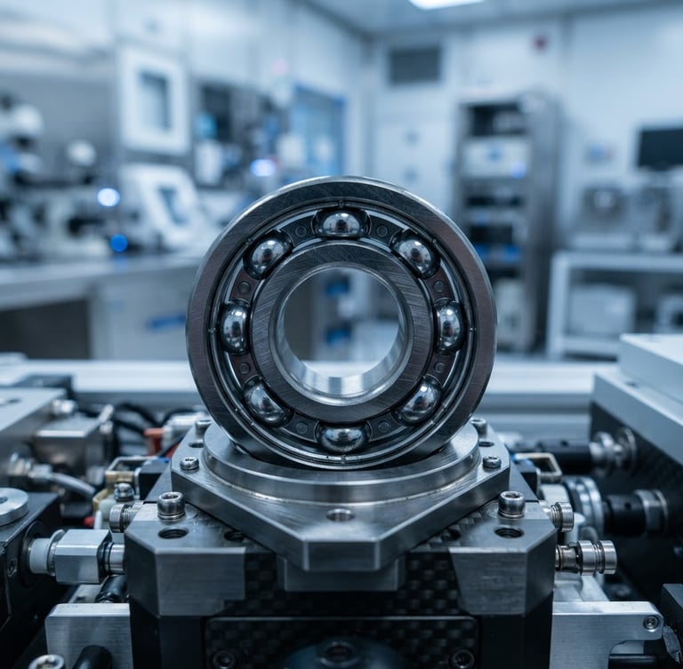 Macro industrial tech photography of a high-precision metallic ball bearing reflecting cool cyber blue light, clinical cleanroom background, ultra-sharp detail