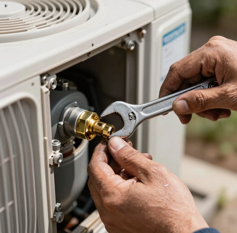Close-up macro shot of a mechanic's grease-stained hands using a wrench to secure a brass fitting inside an open residential AC condenser unit, bright midday sunlight