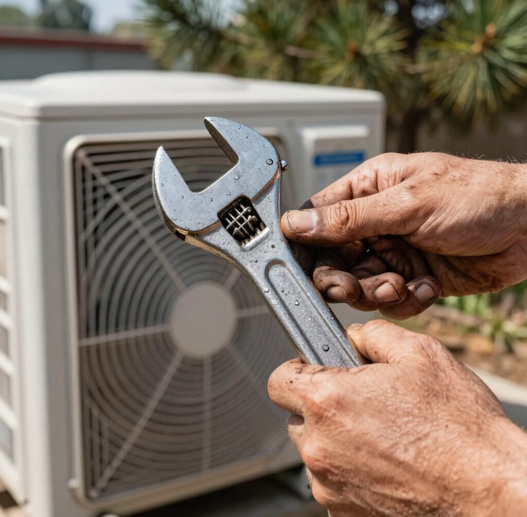 Close-up macro shot of grease-stained hands using a heavy wrench on an open outdoor AC condenser unit, harsh midday sun, pine trees blurred in the background.