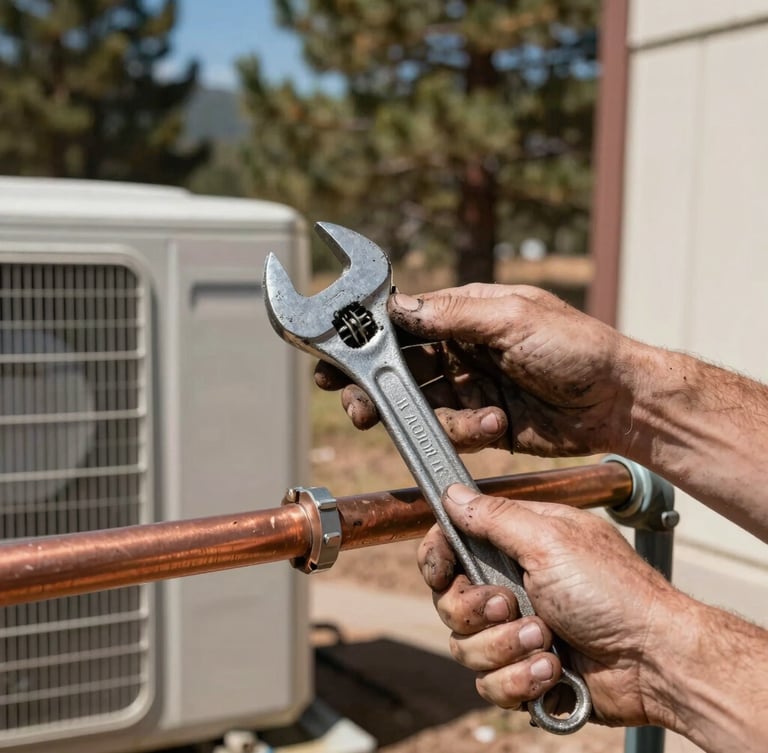 A close-up of grease-stained hands holding a heavy-duty wrench, adjusting a copper pipe on an outdoor AC condenser unit, bright midday Colorado sun casting sharp shadows, pine trees blurred in the background.