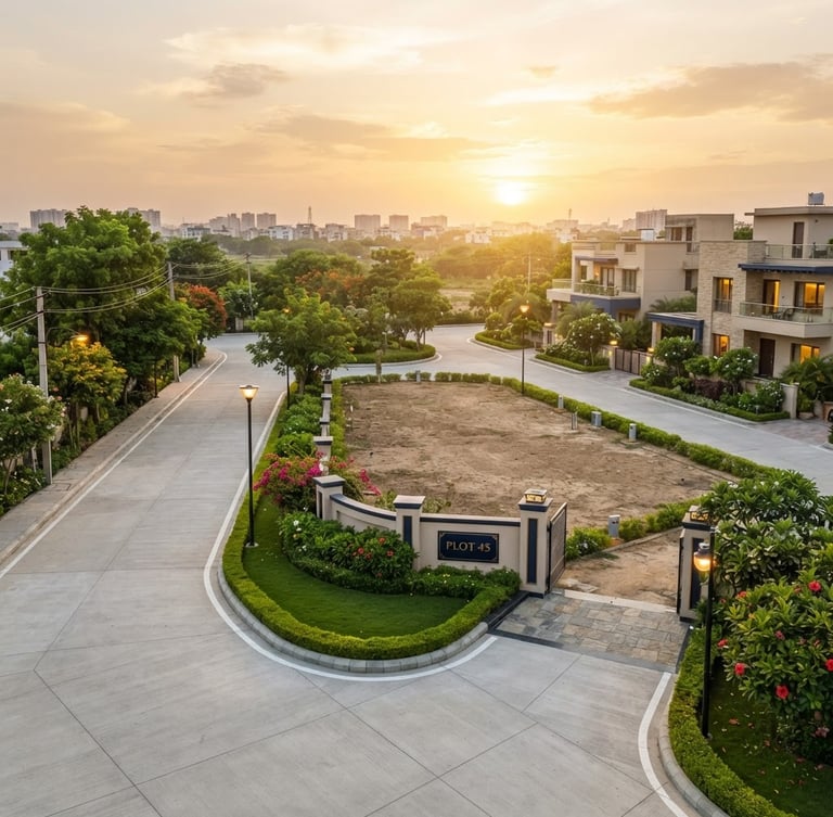 Wide environmental shot of a premium demarcated residential plot in Kanpur, clean concrete roads, green borders, warm golden-hour sunlight