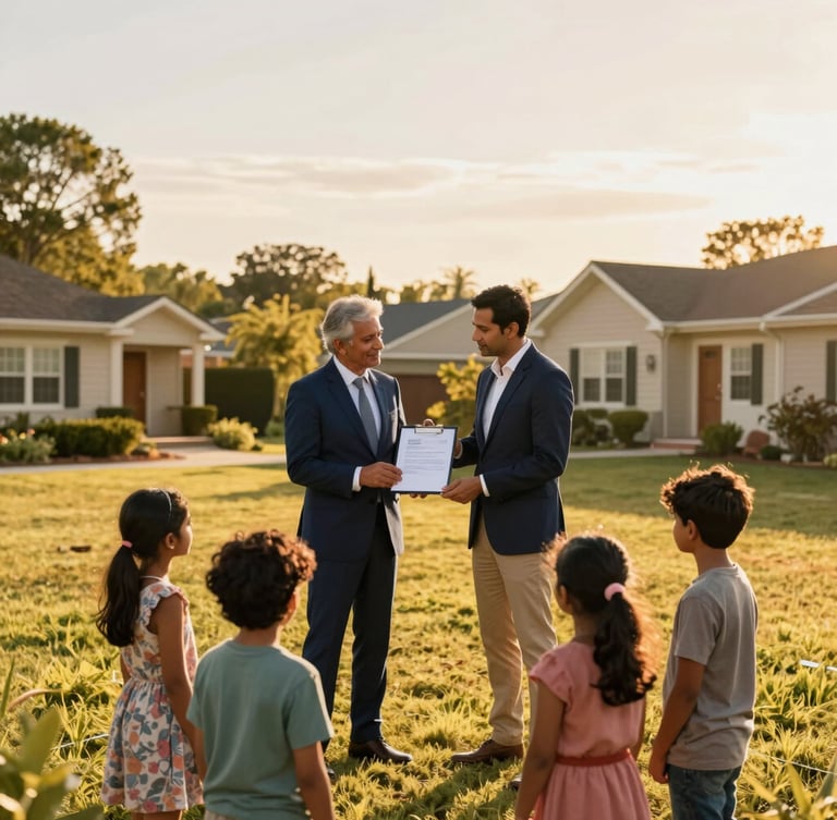 A professional real estate advisor in a navy suit presenting clean registry documents to an Indian family on a sunny residential plot, warm golden-hour light