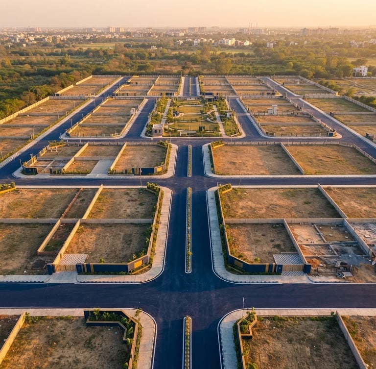 Warm golden-hour aerial view of neatly demarcated residential plots in Kanpur, clean wide roads, professional real estate photography