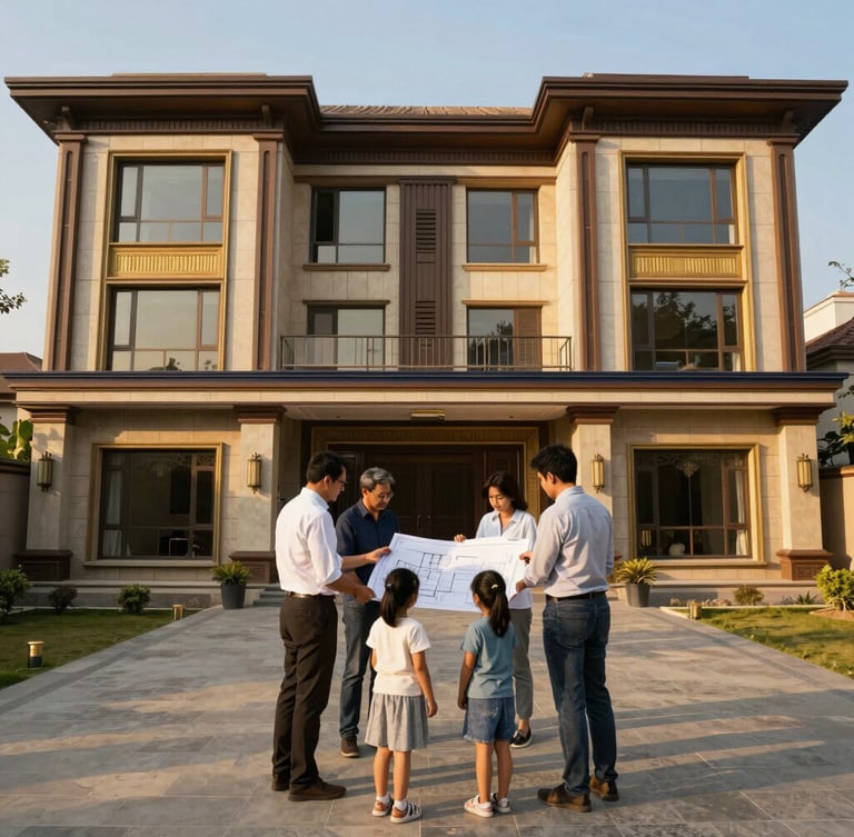 A professional site visit in Kanpur with a family looking at blueprints under warm golden-hour sunlight, clear boundaries, premium real estate advisory