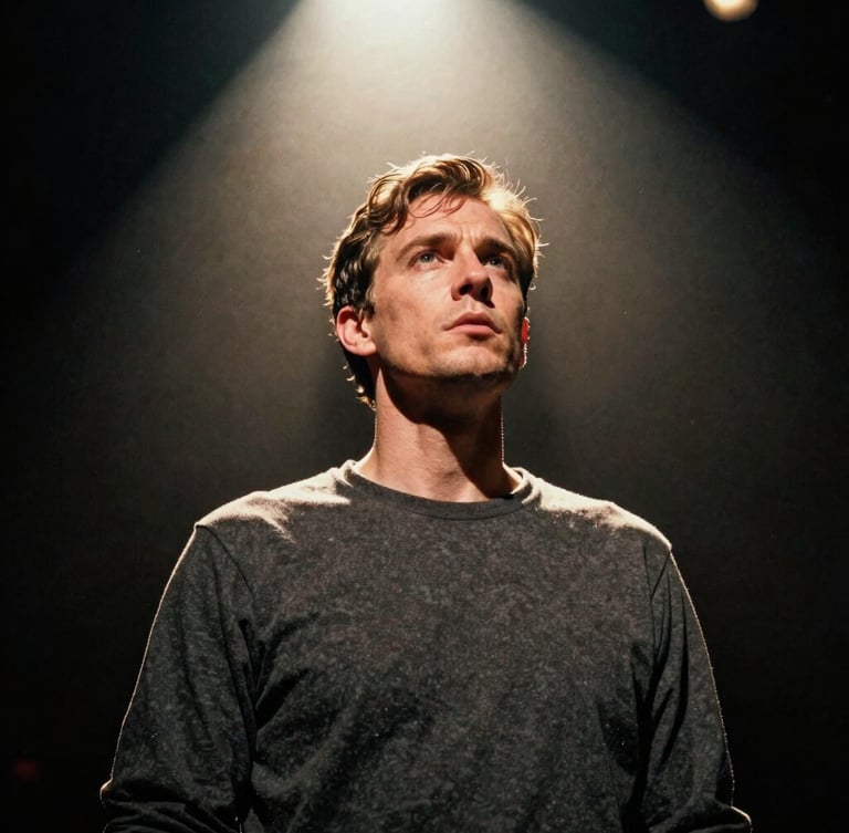 Low-angle dramatic portrait of John Page on stage with a warm spotlight, dark charcoal background, 35mm film grain, authentic and gritty.