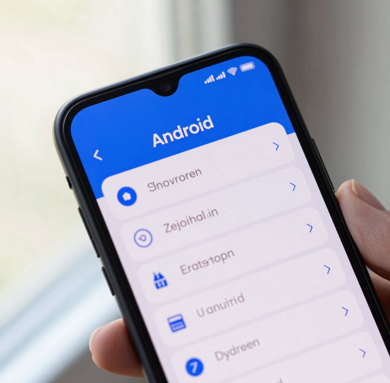 Close-up macro shot of a modern Android device screen displaying a clean mobile interface with electric blue accents, held by a hand under bright natural window light, shallow depth of field.