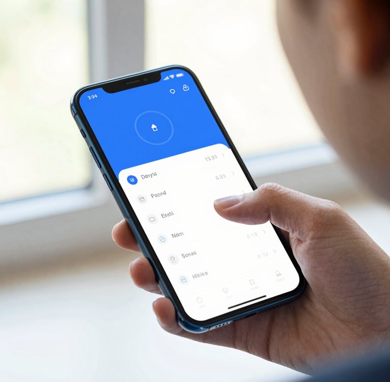 A close-up over-the-shoulder shot of a hand interacting with a clean Android app interface on a modern smartphone, bright natural window light, slate and electric blue tones, shallow depth of field.