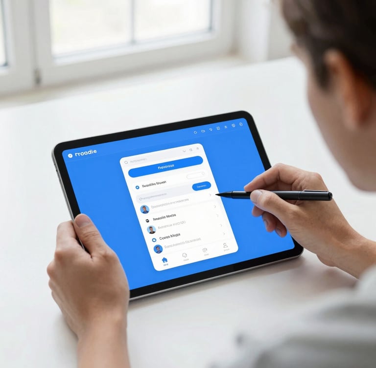 Over-the-shoulder perspective of a developer designing a mobile user interface on a tablet, bright natural studio lighting, soft shadows, clean slate and electric blue tones.