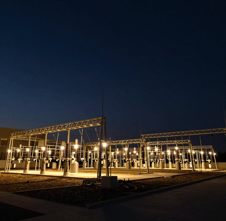Wide panoramic view of a modern power substation at twilight, dramatic industrial lighting, strong geometric lines, low horizon, deep navy and gold tones, 35mm.