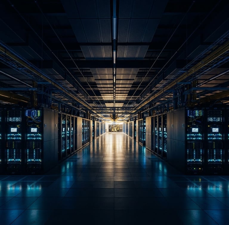 Wide shot of modern, high-tech data center server hall, dramatic low-key lighting, deep navy and warm gold tones, abstract architectural lines, 35mm