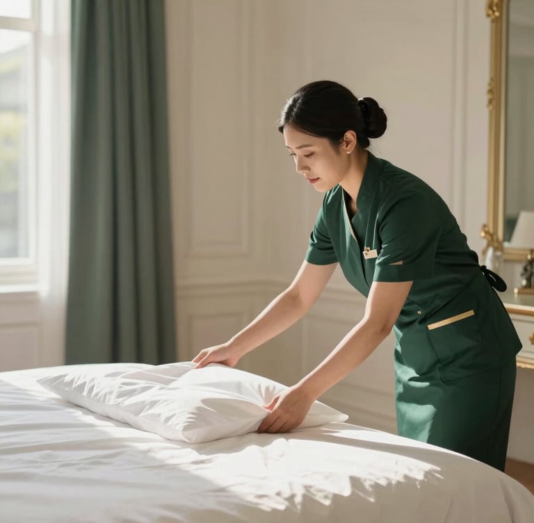 A professional housekeeper in elegant dark green uniform carefully adjusting pristine white linens on a luxurious bed, warm natural sunlight, editorial 35mm