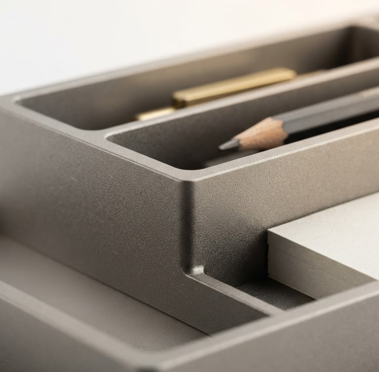 Macro close-up of a minimalist anodized aluminum desk organizer under soft diffused studio light, clean white background, sharp focus on tactile metal texture