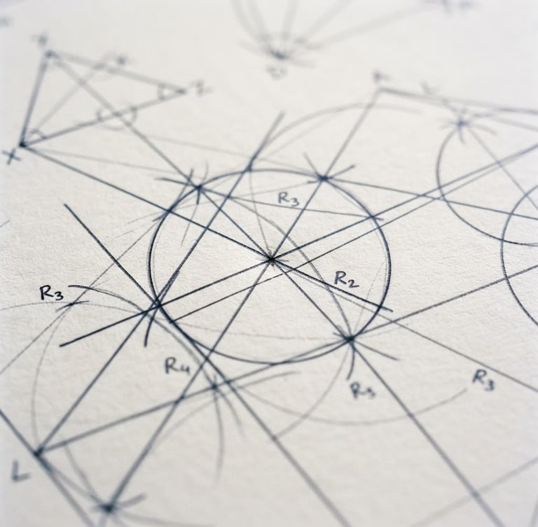 Tight macro photograph of hand-drawn geometric proofs on textured paper, sharp graphite lines, compass-drawn arcs, bright natural daylight, clean documentary style, 35mm.