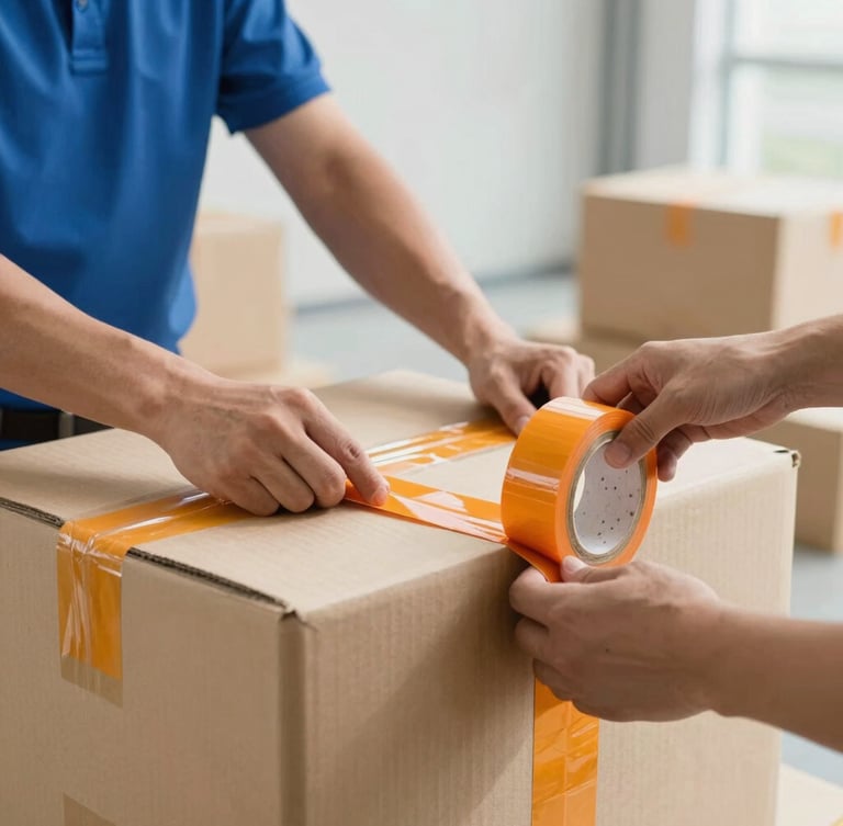 Medium close-up of hands securing heavy-duty moving boxes with thick orange tape in a bright, well-lit modern warehouse facility, sharp focus.
