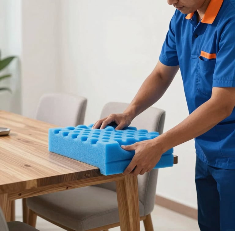 Side view of a clean uniformed moving crew member meticulously wrapping a wooden dining table corner with thick protective blue foam in a bright Dubai apartment.