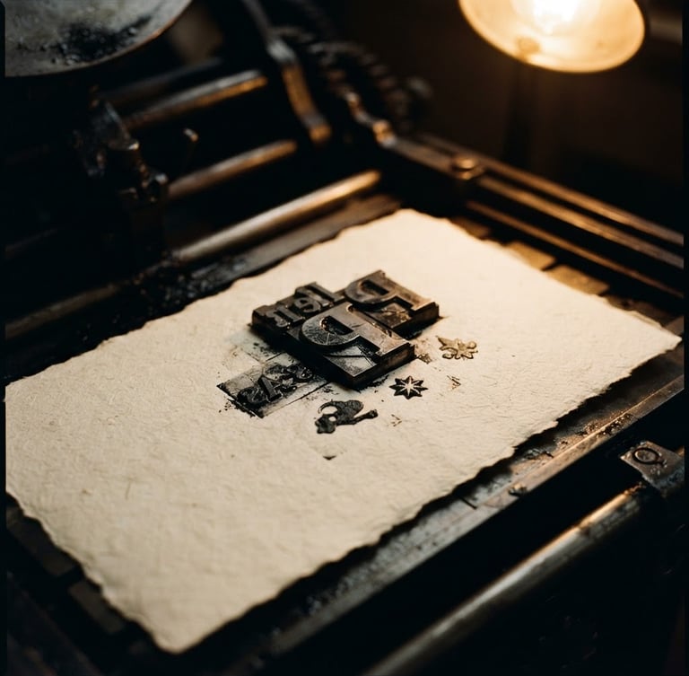 Macro shot of fresh black ink on textured cream paper inside a printing press, metal letterpress blocks visible, warm golden incandescent side light, deep shadows, 35mm editorial photography