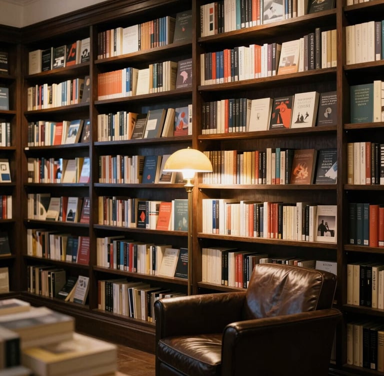 Warm editorial photography of a cozy Portuguese independent bookstore in Vila Nova de Gaia, dark wooden bookshelves filled with books, soft incandescent glow from a brass lamp, a single leather armchair, shallow depth of field