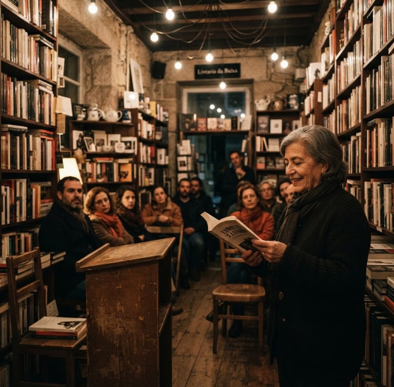 Warm environmental photography of an independent bookstore event space in Portugal, low-key incandescent light, wooden bookshelves filled with books, rustic tables, shallow depth of field, 35mm