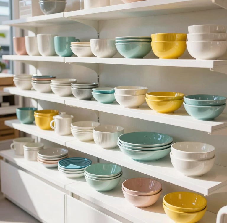 Bright high-key retail photography, a clean modern retail display with neatly arranged home goods and lifestyle accessories, natural daylight, crisp shadows, 35mm