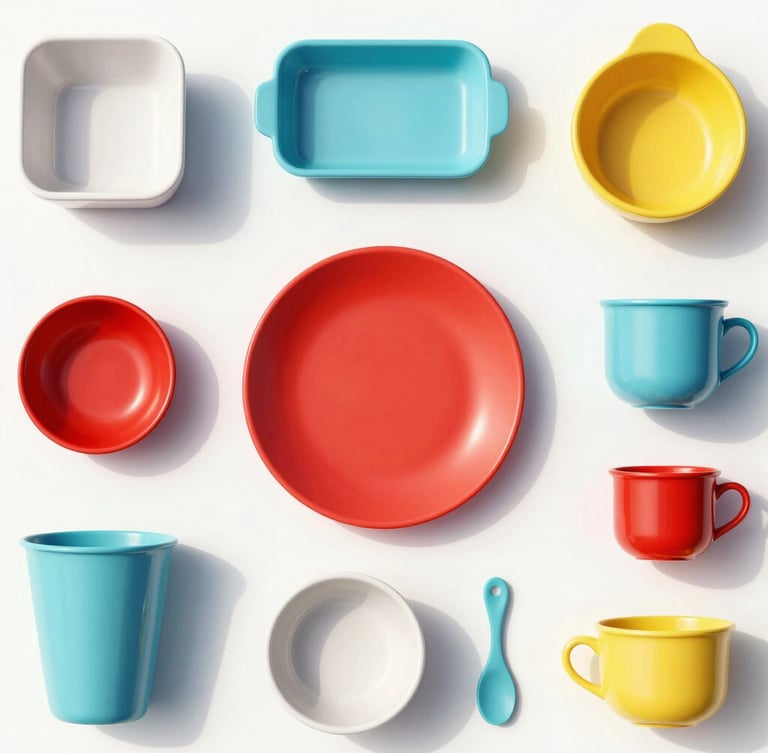 Vibrant top-down flat lay of organized consumer goods and home accessories on a clean white background, bright natural light with crisp shadows