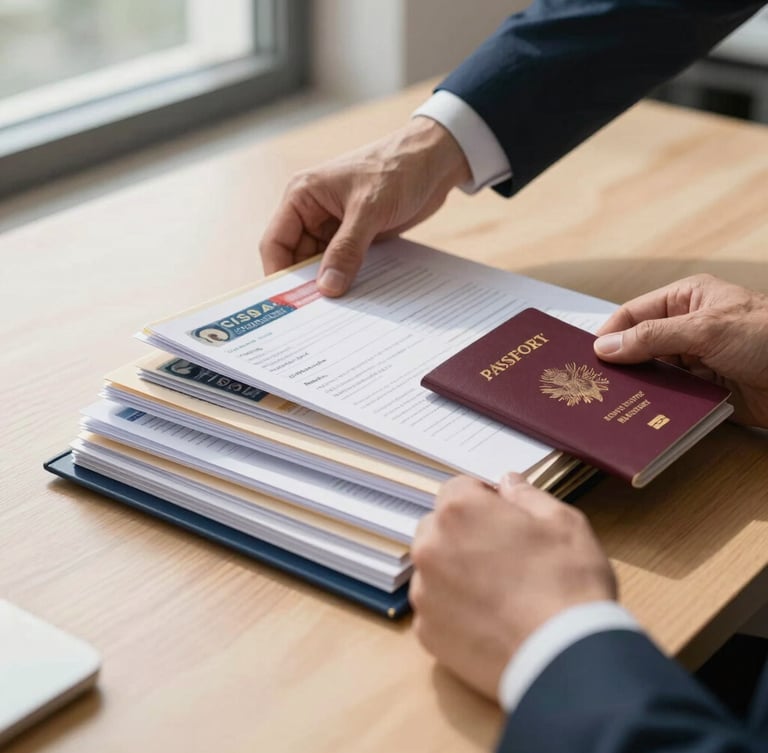 Close-up shot of hands organizing structured visa application folders and passports on a clean wooden desk, bright natural daylight streaming from a window, high clarity, professional corporate editorial feel.