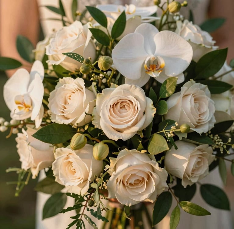 Close-up of a meticulously arranged bridal bouquet featuring premium orchids, blush roses, and rich green botanical leaves, soft golden-hour light, 35mm photography