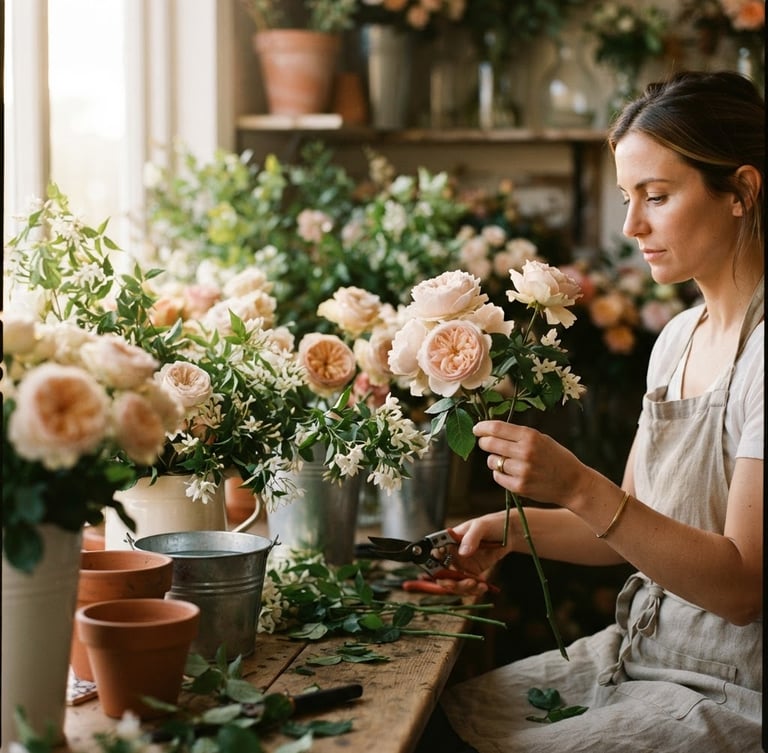 A professional florist sorting fresh morning roses and jasmine in soft golden-hour light, 35mm editorial photography, shallow depth of field